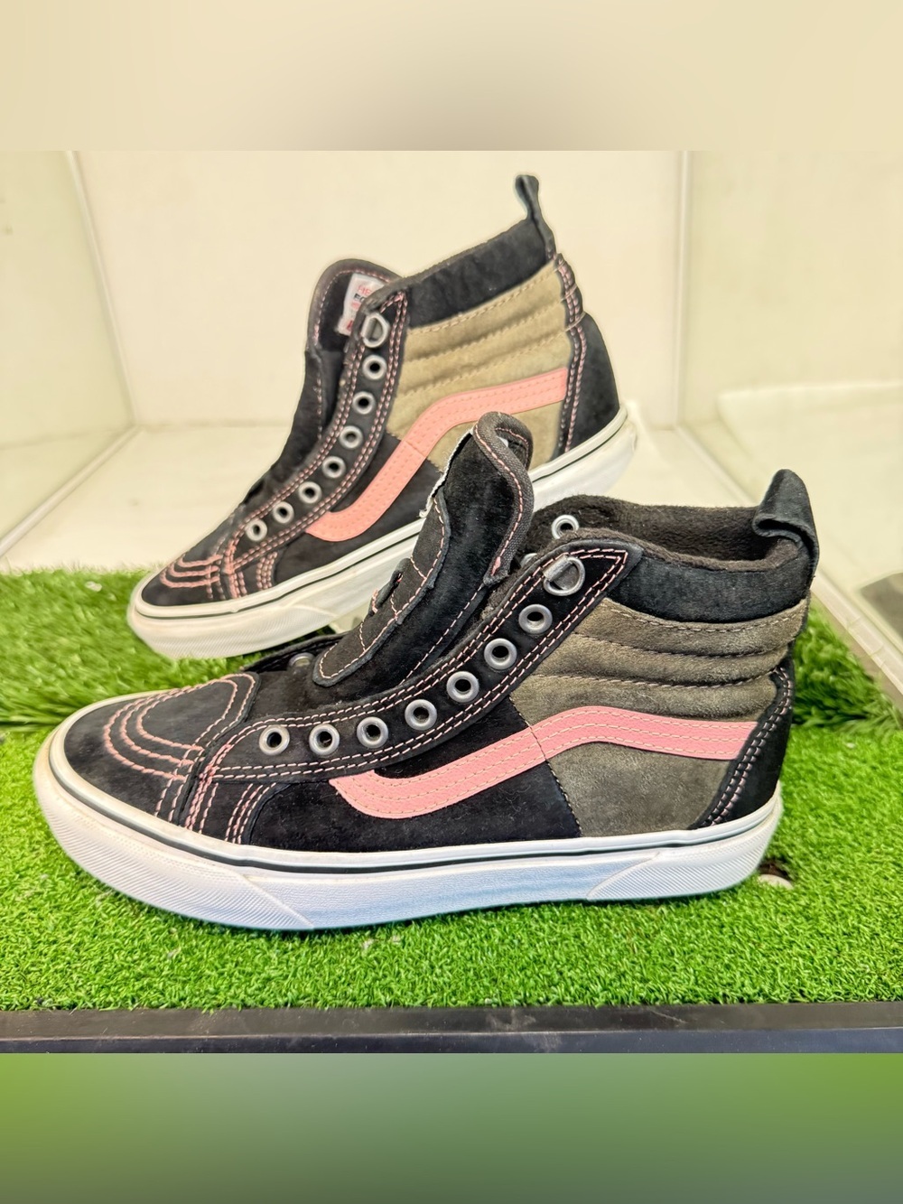 Vans High-Top Sneakers in Black, Gray & Pink